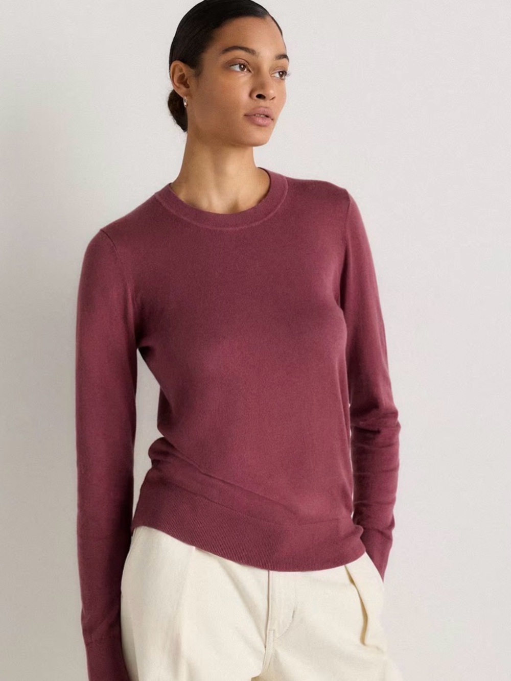 Quince Lightweight Cotton Cashmere Crew Sweater in Crushed Berry Purple